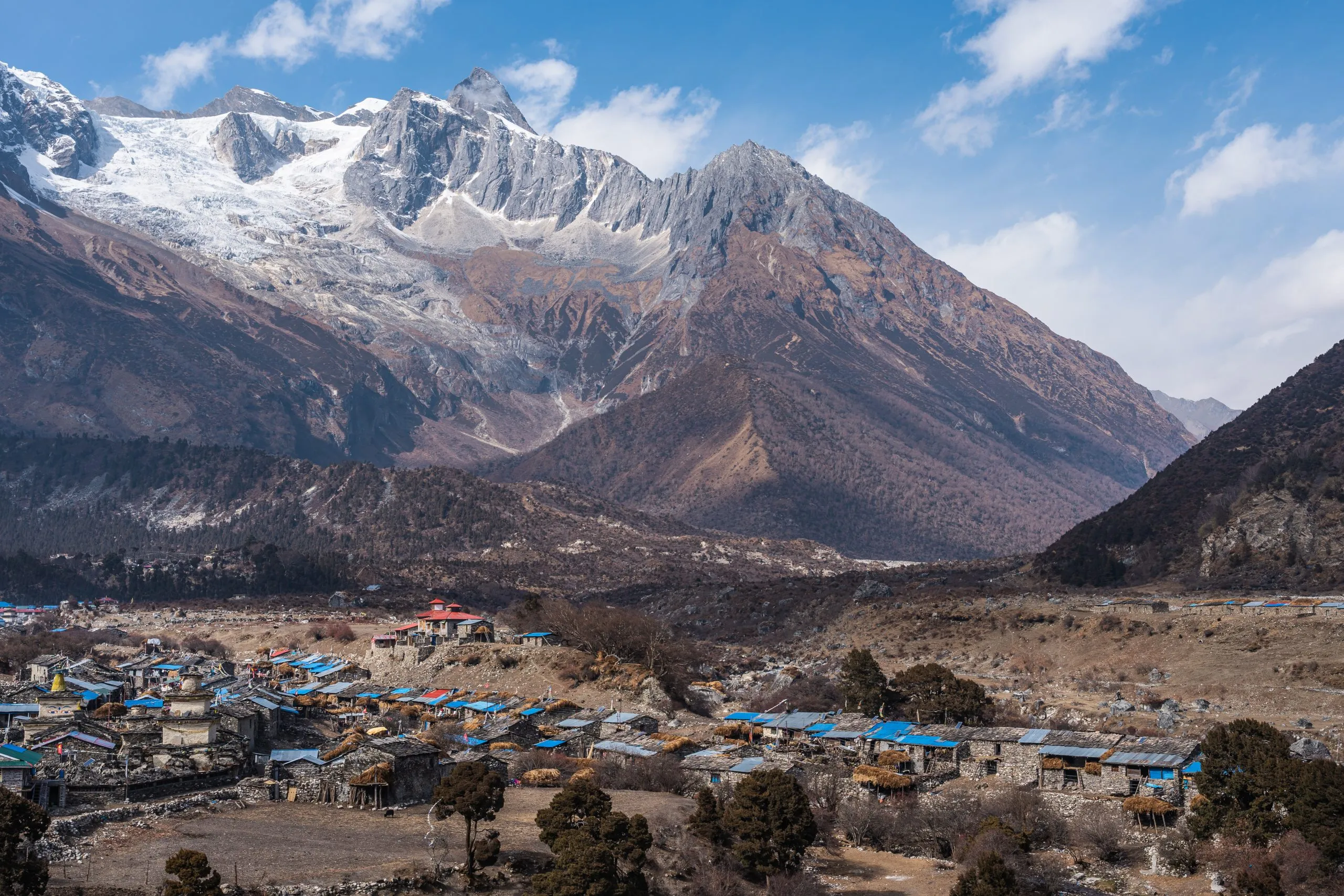 Samagaun village, biggest village in Manaslu circuit trekking route, Himalaya mountains range in Nepal
