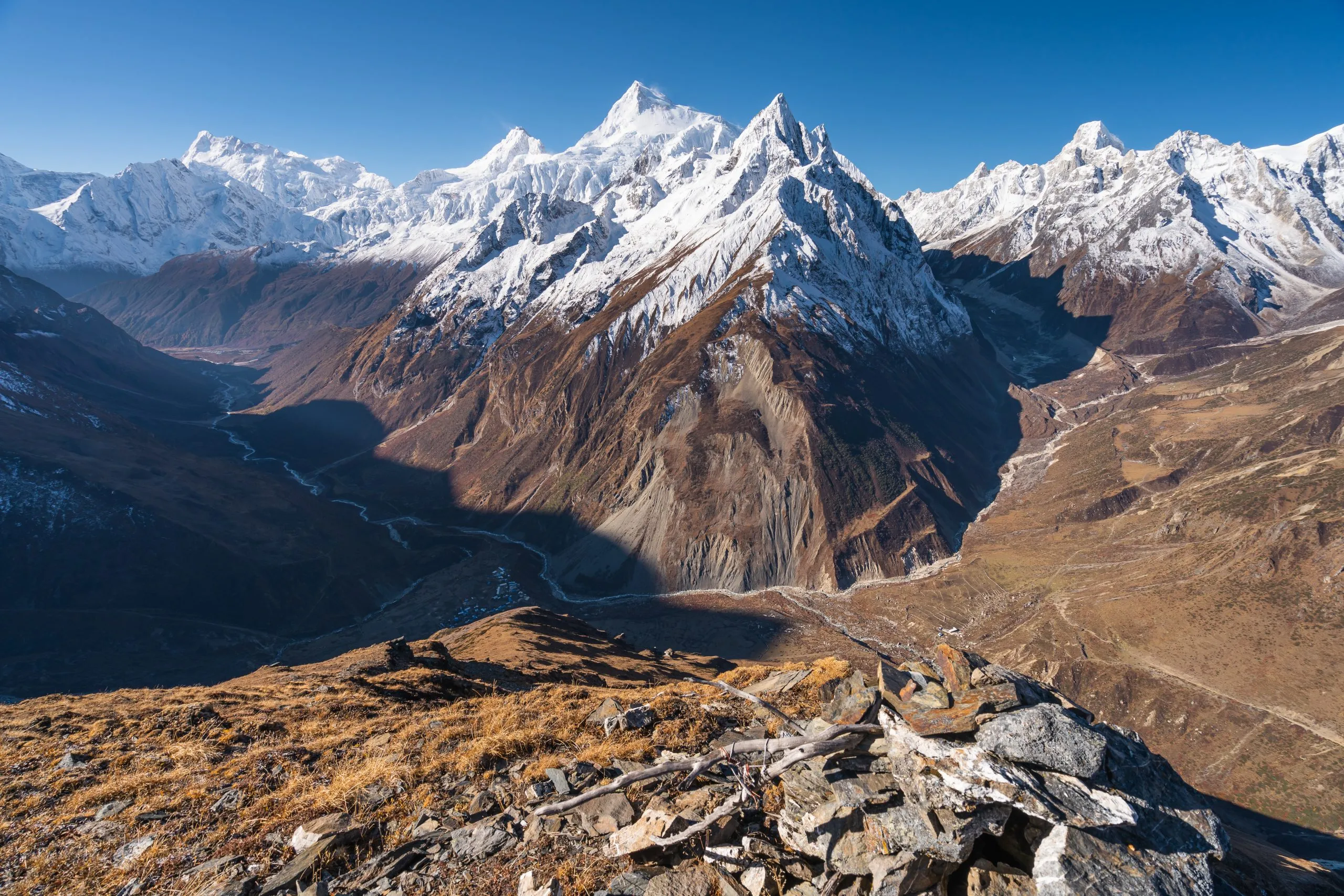 Beautiful landscape of Himalaya mountains range view from top of Samdo Ri view point, Manaslu circuit trekking route in Nepal